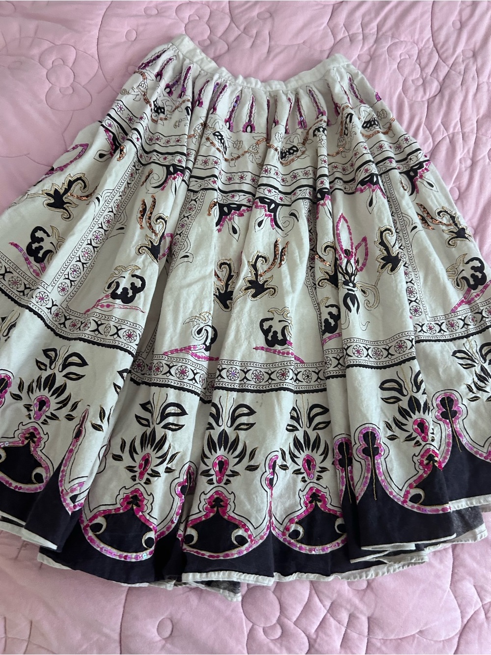 Miss Me White Midi Skirt with Black and Pink Print